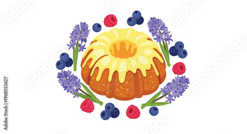 A bundt cake with yellow icing is encircled by purple hyacinths, blue blueberries, and red raspberries on a white background.