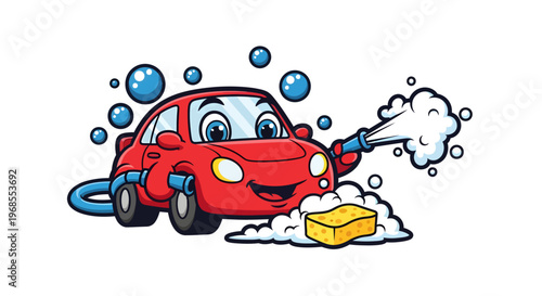 Cute cartoon red car getting a bubbly wash.