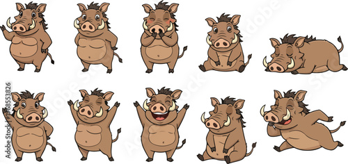 vector illustration of warthog funny cute cartoon mascot character cartoon with 10 poses