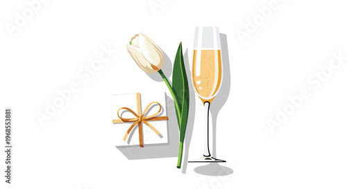 A white tulip, a small white gift box, and a champagne flute are arranged vertically on a clean white background.