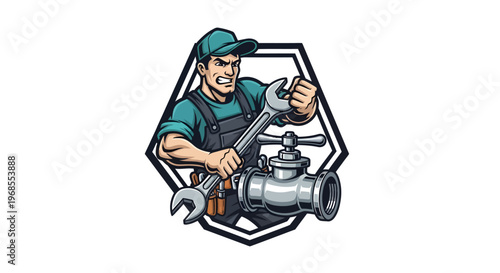 Determined plumber holding a large wrench next to a pipe valve ready for repair.