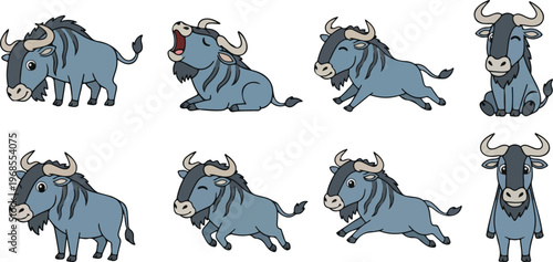vector illustration of wildebeest funny cute cartoon mascot character cartoon with 8 poses