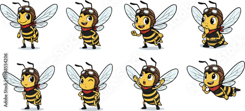 vector illustration of wasp funny cute cartoon mascot character cartoon with 8 poses