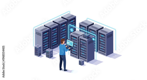 A male IT specialist works on a laptop amidst multiple server racks and network devices in a data center.