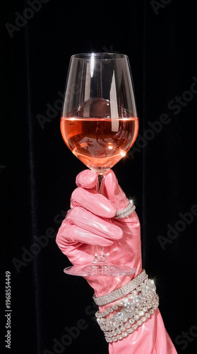 Pink latex-gloved hand raising a glass of sparkling rosé wine in a celebratory toast