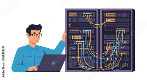 A male IT technician with a laptop sits next to a large server rack filled with equipment and colorful cables.