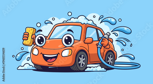 Happy cartoon car getting washed with soap and water.