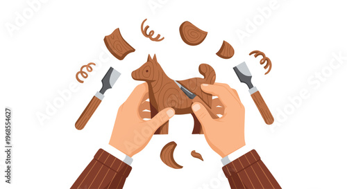A pair of human hands carve a wooden dog figurine with a chisel, surrounded by wood chips and carving tools.