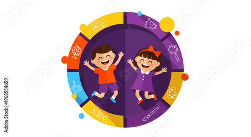 Happy children jumping with joy inside a colorful circular graphic.