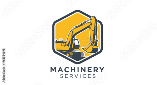 Heavy machinery services logo with excavator in hexagonal frame.