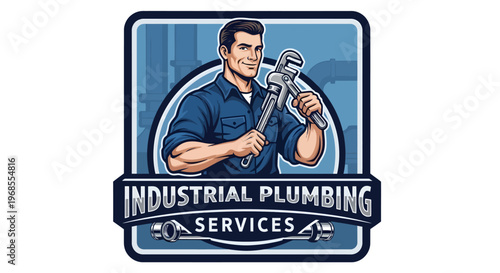 Industrial Plumbing Services Logo Featuring a Strong Plumber Holding a Wrench.