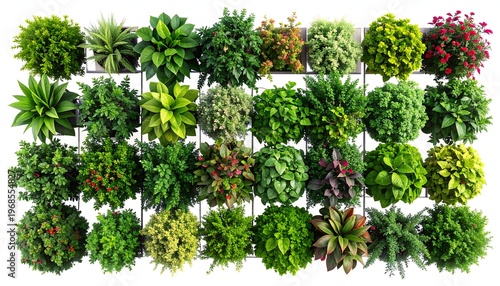 A grid showcases various vibrant potted plants and foliage, arranged in rows against a bright white background