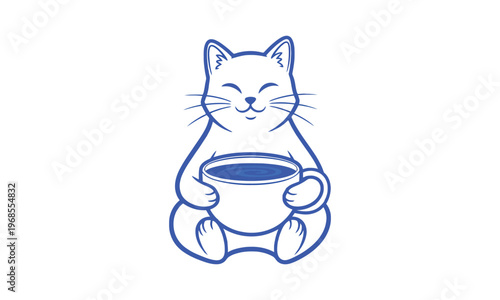 smiling cat holding coffee cup, blue line art