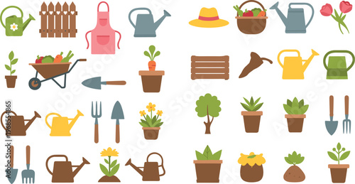 Gardening Tools and Accessories Collection with Watering Cans, Wheelbarrow, Plants, and Gardening Equipment for Home and Garden Designs