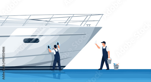 Two professional cleaners in blue overalls meticulously wipe down the gleaming white hull of a large yacht from the water level.