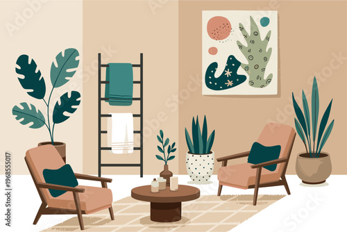 Cozy living room with warm tones and greenery. Plants add life to minimalist space. Comfortable chairs invite relaxation. Artwork adds charm to neutral walls. Soft lighting enhances tranquil vibe