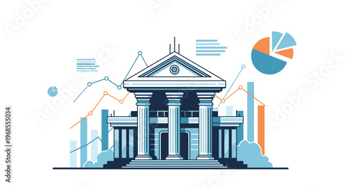 A classical bank building with prominent columns is depicted against a backdrop of various financial charts and graphs.