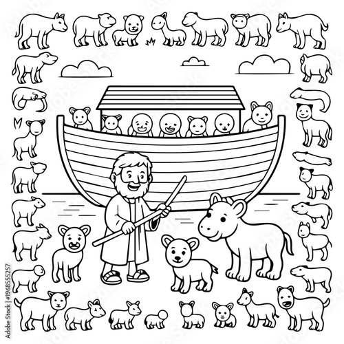 Noahs ark coloring page for children with many animals and a happy noah standing in front of the boat