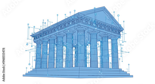 A blue wireframe rendering of a classical bank building is illuminated with glowing digital connections and data points.
