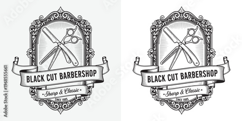 Black Cut Barbershop Vintage Logo with Straight Razor and Scissors