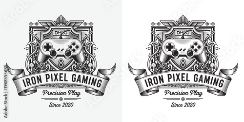 Iron Pixel Gaming Vintage Controller Logo with Ornate Heraldry Frame