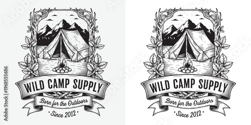 Wild Camp Supply Vintage Outdoor Camping Logo with Tent and Mountain