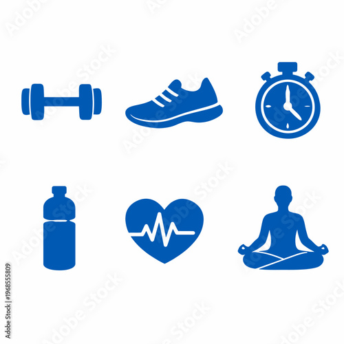 Blue fitness icons set: dumbbell, shoe, stopwatch, water bottle, heartbeat, yoga pose