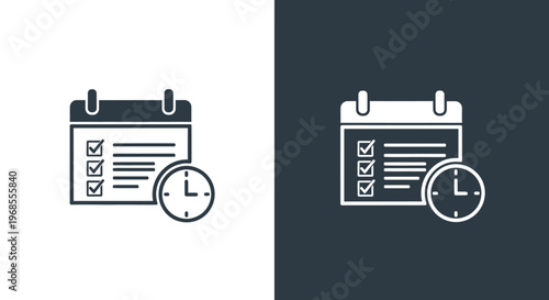 Modern vector illustration of a calendar and checklist with a clock icon for efficient time management and scheduled task planning.