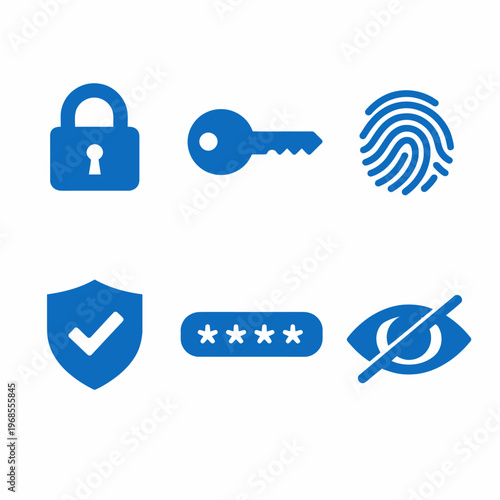 Digital security icons set: lock, key, fingerprint, shield, password, hidden eye