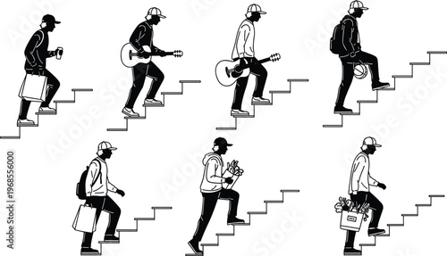 Black and white vector silhouettes of men walking up stairs carrying guitar, shopping bags, basketball, and groceries for urban lifestyle