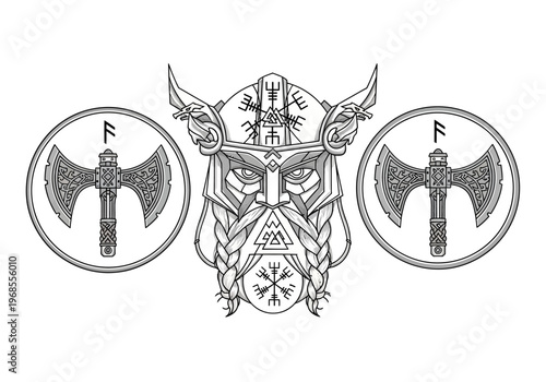 Viking Warrior Head with Ornate Helmet, Double-Headed Battle Axes and Norse Runes, Black and White Tattoo Style Illustration