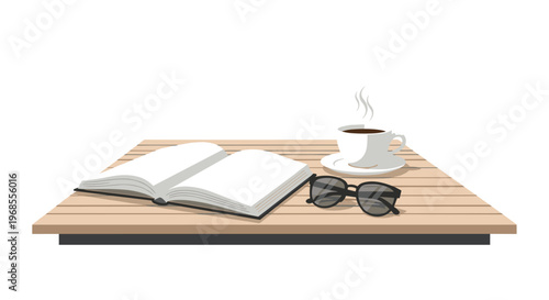 An open book, a steaming coffee cup, and black-framed glasses rest on a light brown wooden table against a white background.