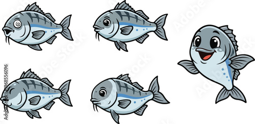 vector illustration of umbrina fish funny cute cartoon mascot character cartoon with 5 poses