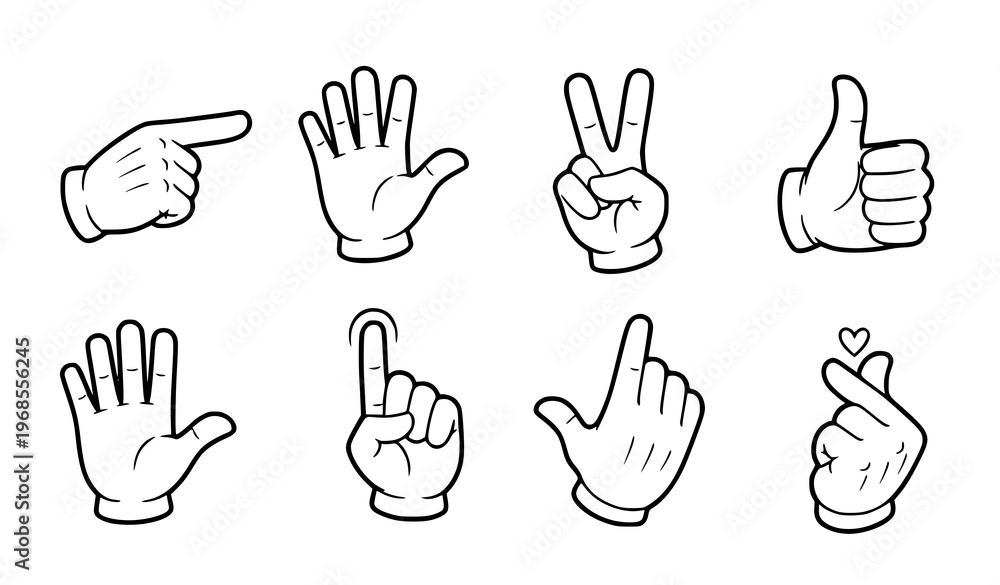 Fototapeta premium Cartoon white glove hand gesture vector icon set with pointing waving victory sign and cupped hand isolated on white background