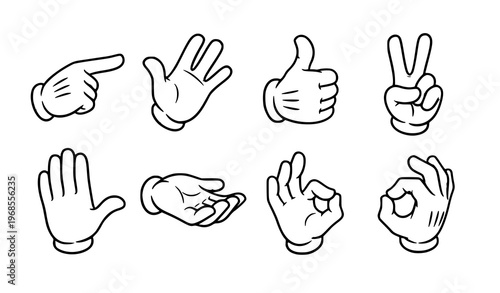Cartoon white glove hands vector set expressive gesture collection with pointing waving victory and open palm isolated on white