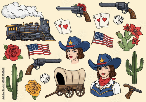 Retro Wild West Illustration Set featuring Vintage Cowgirl Portraits, Revolvers, Steam Locomotive, American Flags, Cactus, and Western Icons in Old School Tattoo Style