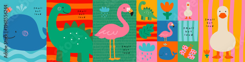 Cute nursery wall posters. Bright vector illustrations of animals: a whale, dinosaur, flamingo, and goose for nursery decor, print, card, art and postcard. Children's naive drawings