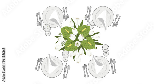 A formal table setting for four with white plates and silver cutlery surrounds a central bouquet of white tulips and green anthurium flowers.