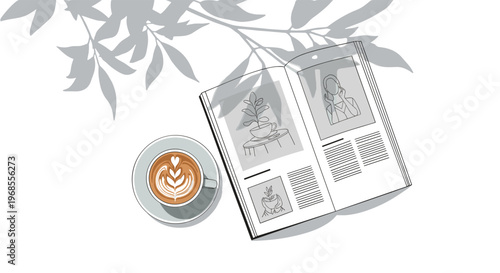 An open magazine with line art illustrations and a latte with heart art are placed on a white surface with subtle leaf shadows.