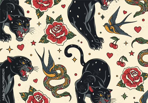 Seamless Old School Tattoo Pattern with Black Panthers, Roses, Snakes, and Swallows; Vintage American Traditional Flash Art Vector Background for Fabric and Wallpaper