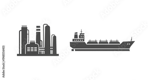 Silhouette of an industrial plant and a cargo ship, representing industry and transportation.