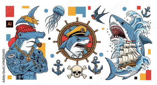 Set of Nautical Shark Characters in Sailor Tattoo Style Featuring Hammerhead Shark, Great White Captain, and Marine Elements
