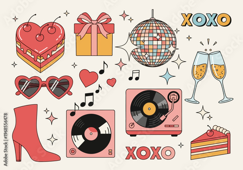 Foto Groovy Retro 70s Party Element Set with Disco Ball, Record Player, Heart Cake, a