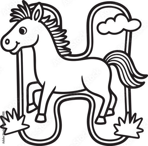 A cute cartoon horse standing next to letter h with a rainbow in background, ideal for kids alphabet learning