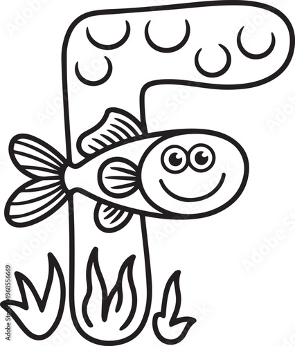 A cute cartoon fish swimming playfully around letter f design element with happy face, fins, and bubbles in water