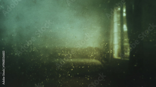 Dark retro haunted aesthetic of curtains moving in the wind from an open window, with soft foggy shadows, texture and copy space