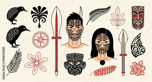 Maori Culture Symbol Set with Kiwi Bird, Ta Moko Tattoos, Silver Fern, and Traditional Weapons