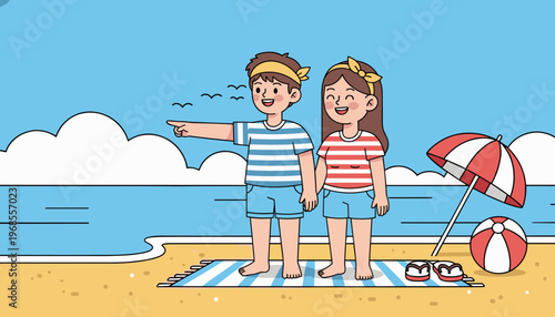 Couple standing on beach enjoying summer vacation seaside flat illustration