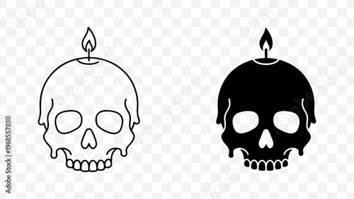 Skull candle icons, melting skulls, wax skulls, black and white icons isolated on Transparent Background