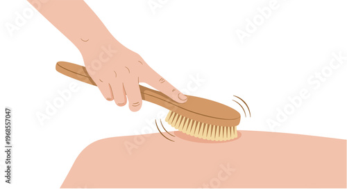 A light-skinned hand holds a wooden dry brush with natural bristles, actively brushing a bare arm or leg.